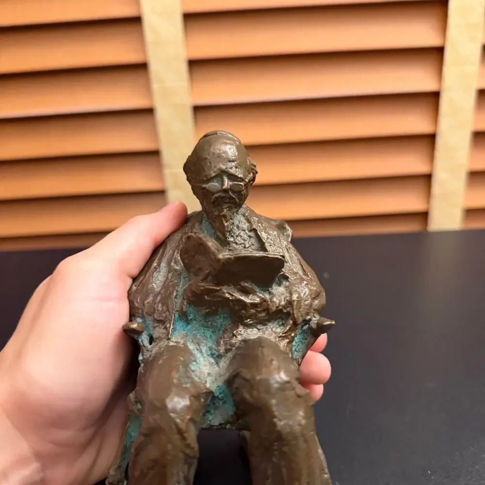Vintage Heavy Brass Man Reading in Rocking Chair Sculpture